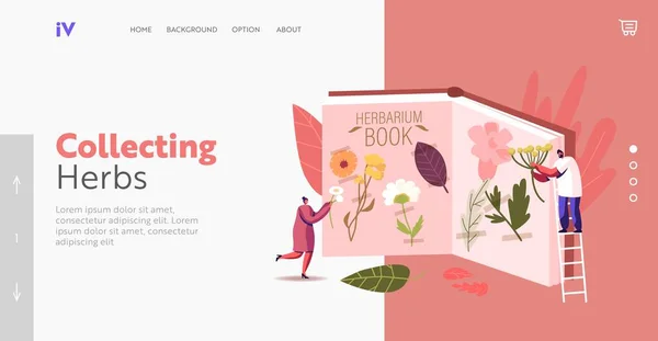 Tiny Male and Female Characters at Huge Book for Collecting Herbarium. Landing Page Template. People Learning Flora — ストックベクタ