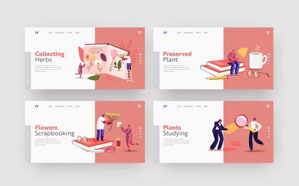 Herbarium Hobby Landing Page Template Set. Tiny Characters Collecting Herbs, Grass or Twigs, Natural Field Plants — ストックベクタ