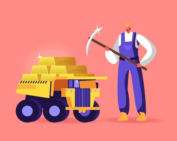 Altın Çubuklarla dolu kamyonda kazma tezgahı olan madenci. Taş ocağında Altın Madenciliği Taşımacılık ve Teknik, Çıkarma — Stok Vektör