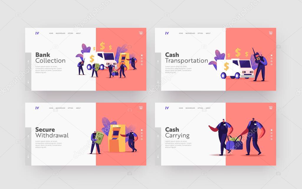 Convoy Job Landing Page Template Set. Armed Guard Characters Collectors Carry Bags from ATM or Currency Exchange Office