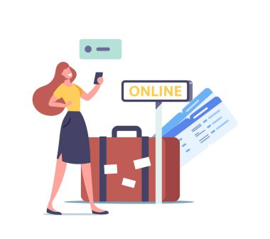 Kadın Karakteri Seyahat Uygulaması Kadın Gezgini Uçuşu Aramak ve Bilet Almak için Cep Telefonu Uygulamasını Kullan