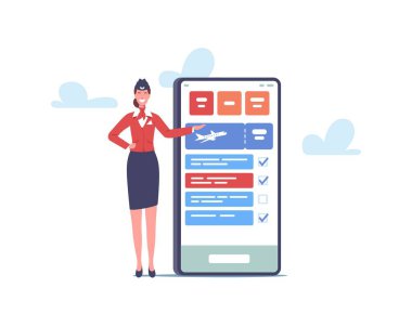 Dev Akıllı Telefon 'un yanındaki küçük hostes. Uçuş Görevlisi, Hava Hostesi Kız Üniforma Giyiyor ve Kaptan Yolcuları Davet Ediyor