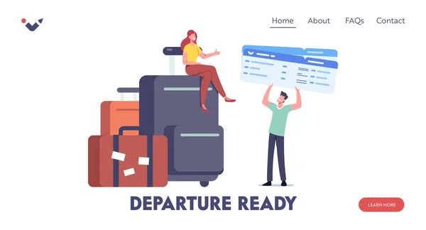 Ταξίδι διακοπών, Διακοπές Προσγείωση Πρότυπο σελίδας. Tiny Traveler Χαρακτήρες με τεράστια Luggage Booking εισιτήρια για ταξίδι — Διανυσματικό Αρχείο