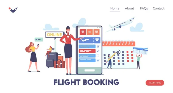 Aplikacja dla turystów Landing Page Template. Postacie Go Travel Booking Bilety Korzystanie z telefonu komórkowego. Wycieczka po księdze pasażerów — Wektor stockowy