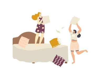 Pijamalı Genç Kadınlar Yatağa Atlıyor Yastık Dövüşü Yapıyor ya da Evde Savaş Yapıyor. Kadın Karakterler Dostluğu, Parti Gevşemesi