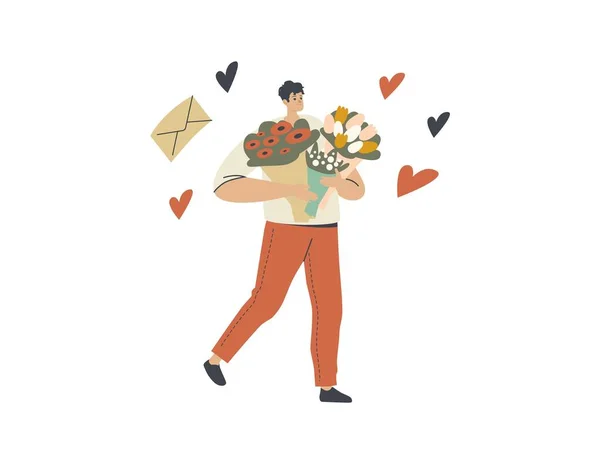 Correio de entrega de flores Personagem masculino Carry Bouquets Bringing to Customers for Holidays Celebration and Congratululation — Vetor de Stock