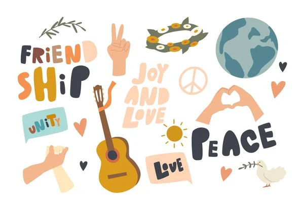 Icons Friendship, Uluslararası Barış Günü teması. Tokalaşma, Hippiler Yaşam Tarzı, Güvercin Taşıyan Yaprak Şubesi — Stok Vektör