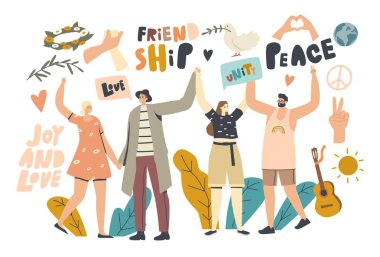 Friendship, International Day of Peace Concept. Happy Males and Females Holding Hands, Hippies Lifestyle, Joy and Loive clipart