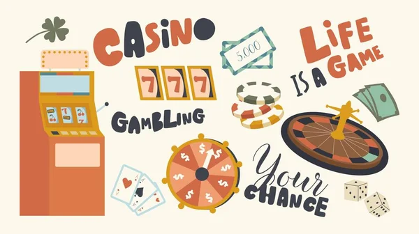 Σύνολο εικονιδίων Παιχνίδια τυχερών παιχνιδιών. Κουλοχέρης ή μονόχειρας Ληστής, Ρουλέτα και Παίζοντας Κάρτες, Τυχερό Τριφύλλι, Παιχνίδι Ευκαιρίας — Διανυσματικό Αρχείο