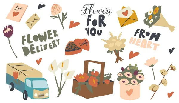 Set Icons Flowers Delivery Theme. Beautiful Blossom Bouquets, Box with Candies, Truck, Decor dan Sweet Gift for Holidays - Stok Vektor