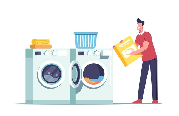Masculino um personagem na lavanderia pública ou casa de banho carregando roupas sujas e detergente em pó para lavandaria — Vetor de Stock