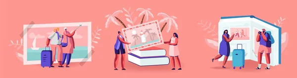Petits personnages à la recherche de photos de voyage dans un énorme album de photos, Tropical Beach Resort, Visites européennes, Vacances d'été — Image vectorielle