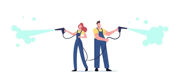 Οι αρσενικοί και οι θηλυκοί χαρακτήρες εργάζονται στην υπηρεσία πλύσης αυτοκινήτων. Εργαζόμενοι με στολή χύνοντας νερό χρησιμοποιώντας πλυντήρια υψηλής πίεσης — Διανυσματικό Αρχείο