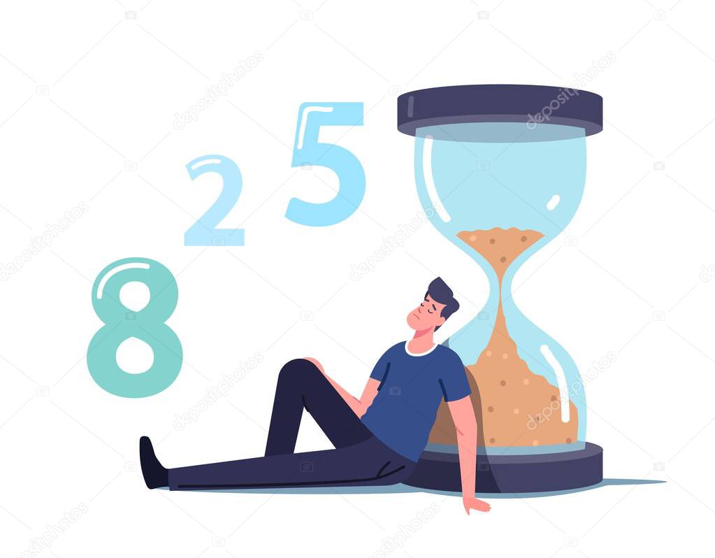 Long Wait, Man in Hall Sit and Sleeping at Huge Hourglass. Appointment in Clinic or Office, Airport Departure Delay