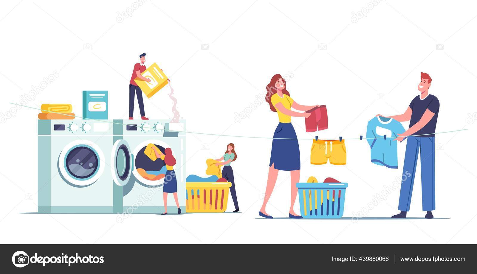 더러운 옷을 세탁하는 과정에서 거대 한 세탁기를 사용하고 깨끗 한 옷을 꺼내는 작은 남성의 모습 스톡 벡터 - ©vectorlab  439880066