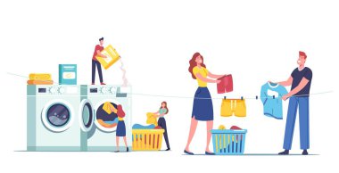 Küçük Erkek Karakterler Çamaşırhaneyi Ziyaret Ediyor Büyük Çamaşır Makinesine Kirli Giysileri Yüklüyor ve Temiz Elbiseleri Çıkartıyor