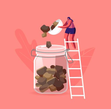 Arıcılık endüstrisi konsepti. Minik Kadın Karakterler Merdiven Üzerinde Ayakta Duruyor Büyük Cam Kavanozda Polen Döküyor, Bal