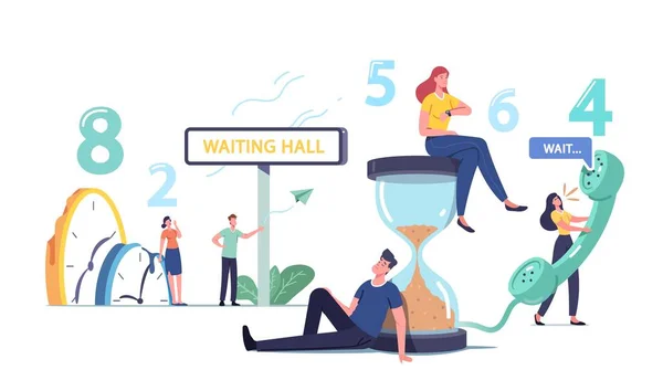 Long Wait Concept. Tired and Bored Male and Female Characters Too Long Waiting in Office Hall, Airport or Hospital Lobby — Stock Vector