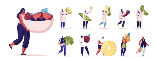 Set di personaggi maschili e femminili che mangiano cibo sano. Uomini e donne con frutta e verdura Fonte di energia — Vettoriale Stock