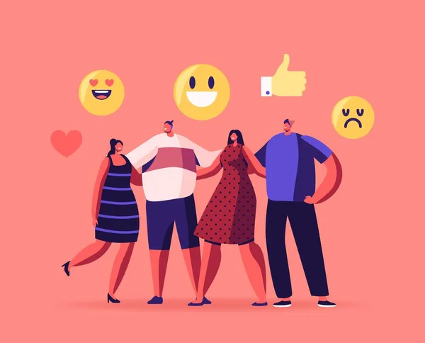 Empathie, Hugs with Friends Concept. Personnages masculins et féminins se serrant dans leurs bras, souriant et riant — Image vectorielle