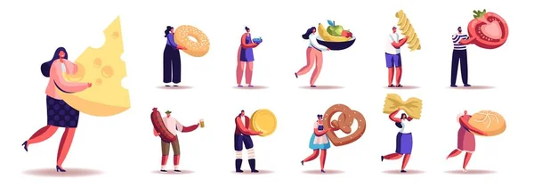 具有不同食物和小吃的一组男性和女性角色。男人和女人吃奶酪，香肠，水果，蔬菜 — 图库矢量图片