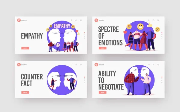 Personnages Afficher Empathy Landing Page Template Set. Intelligence émotionnelle, compétences en communication, raisonnement et soutien — Image vectorielle