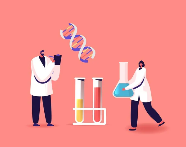 Vědci charakterizují vědeckou práci. Medicína, genetické testování. Genetici pracující s DNA a baňkami — Stockový vektor