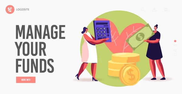 Pay Check, Salary Finance Landing Page Template. Donne che raccolgono, risparmiano denaro. Banconota da Dollaro con Personaggi femminili — Vettoriale Stock