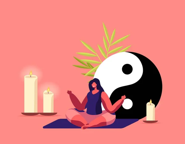 Personaje femenino Meditar con símbolos Feng Shui Yin Yang y velas alrededor. Mujer Meditando en la Posa de Loto, Yoga — Vector de stock