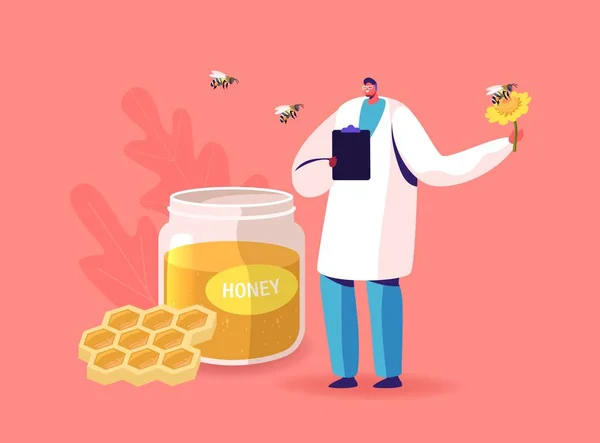 Doutor personagem segurar flor com abelha voando em torno de frasco de vidro com mel e favos de mel com abelhas voando ao redor —  Vetores de Stock