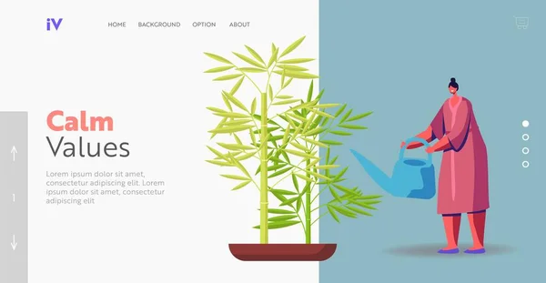 Nő gondozása Plant Landing Page Sablon. Feng Shui kínai kultúra, Hobby koncepció. Boldog női karakter kertészkedés — Stock Vector