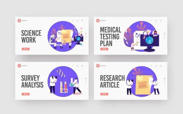 Medic Character Scientific Work Landing Page Template Set (em inglês). Análise Médica com Microscópio e Frascos. Cientista em Laboratório —  Vetores de Stock