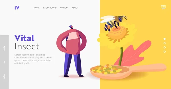 Plantilla de Landing Page de Producción Orgánica Apiaria. Pequeño personaje masculino de pie en la enorme flor con la abeja recogiendo polen — Vector de stock