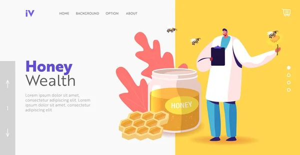 Včelařská zdravá produkce. Organic Natural Sweet Food Landing Page Template. Doctor Character Hold Flower with Bee — Stockový vektor