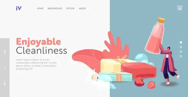 Body Care Lather Producing Landing Page Template. Creative Hobby, Workshop. Drobná tvorba znaků z mýdla — Stockový vektor