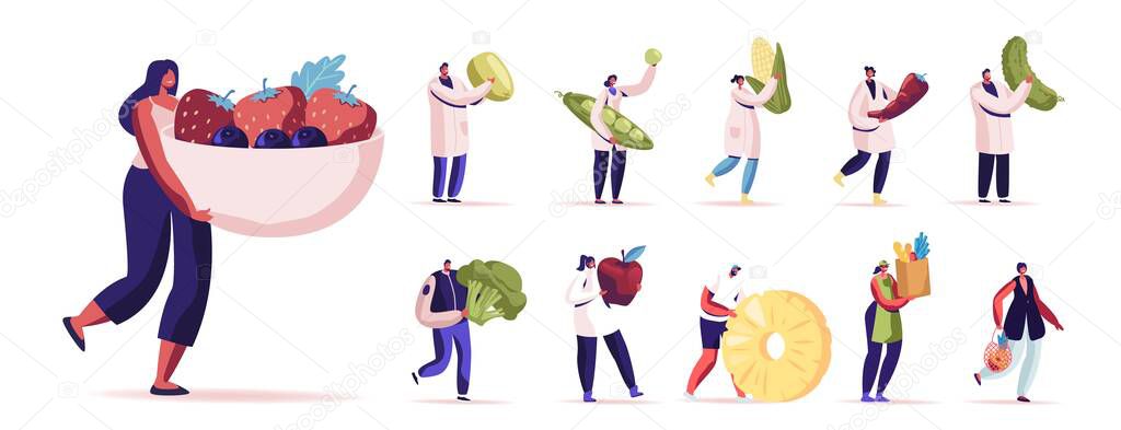 Set of Male and Female Characters Eating Healthy Food. Men and Women with Fruits and Vegetables Source of Energy