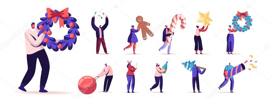 Set of Male and Female Characters with New year Things. Men and Women Holding Decorated Wreath, Christmas Tree vector Set of Male and Female Characters with New year Things. Men and Women Holding Decorated Wreath, Christmas Tree vector