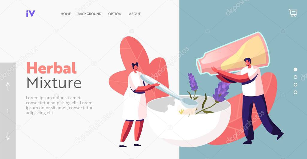 People Making Handmade Soap Craft Workshop Landing Page Template. Tiny Male Female Characters Pour Natural Ingredients