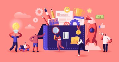 İş Karakterleri Portföyüne Farklı Kağıt ve Belgeler Yazıyor. Ofis Çalışma ve Ortaklık Konsepti