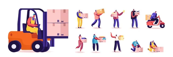 Set di personaggi maschili e femminili con scatole. Uomini e donne lavorano nella logistica del carico e nel magazzino. Donazione, Pacchetto — Vettoriale Stock