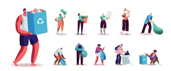 Sada mužských a ženských postav sbírajících odpadky pro recyklaci. Muži a ženy dobrovolníci vyklízet odpady do pytlů — Stockový vektor