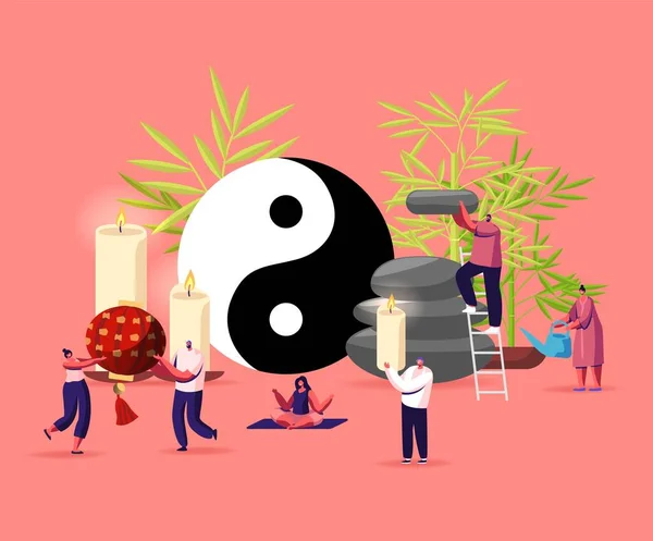 Feng Shui Oosterse filosofie concept. Personages versieren huis met stenen, kaarsen en planten voor een positieve energiestroom — Stockvector