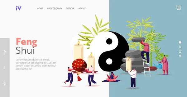 Feng Shui Filosofia Landing Page Template. Personagens decoram casa com pedras, velas e plantas para energia positiva — Vetor de Stock