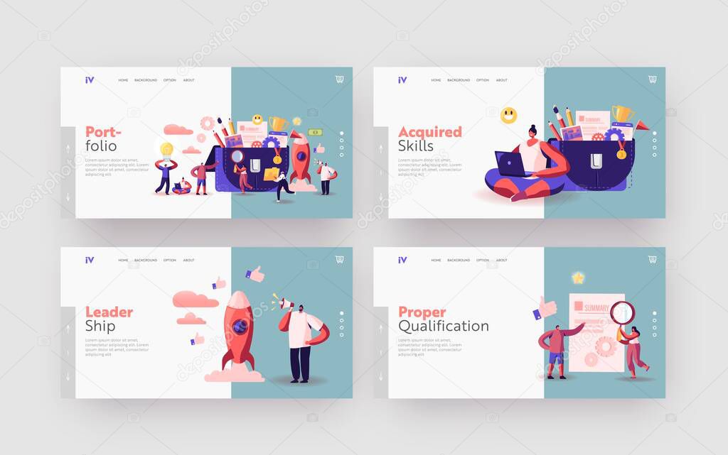 Business Characters Put Stationery or Documents to Portfolio Landing Page Template Set. Office Work and Cooperation