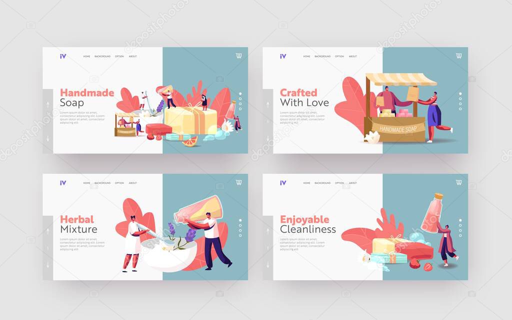 Handmade Soap Producing Landing Page Template Set. Tiny Characters Make Craft Lather of Natural Organic Ingredients