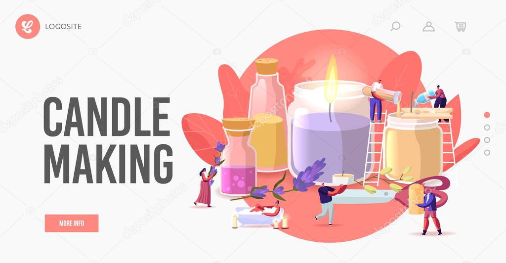 People Making Aroma Candles for Home Decor Landing Page Template. Tiny Characters Create Huge Candles Using Ingredients