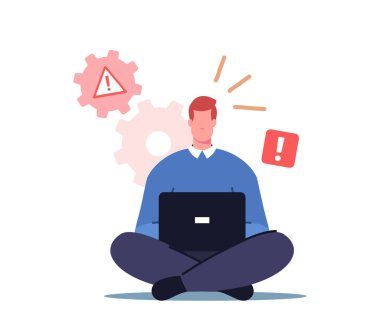 Erkek Karakter İşçisi Laptop See Sistem Hatası Bildirimi ile Pc Monitor 'da otur. Profesyonel Teknik Yardım