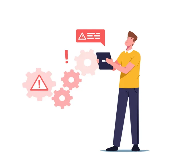 Systeemfout, Website in aanbouw, 404 Page Maintenance Concept. Karakter van de mannelijke werknemer Gezicht Netwerk Probleem — Stockvector