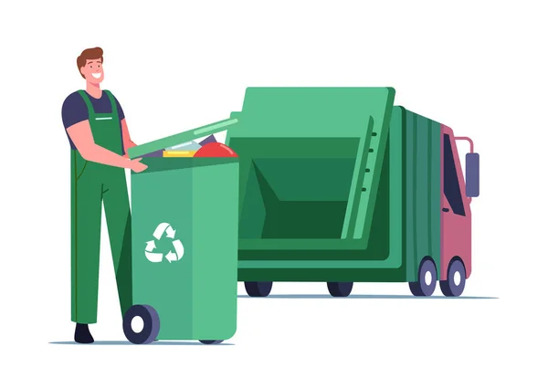 Conserje cargando contenedor de reciclaje con basura para separación. Hombre Basura Cargando Residuos al Camión para Reducir la Contaminación — Vector de stock