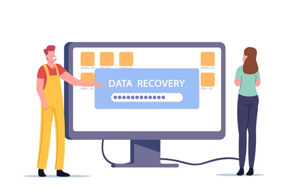 Servicio de recuperación de datos, copia de seguridad, concepto de reparación de protección de hardware. Pequeño trabajador que presenta monitor enorme con carpetas de archivos — Archivo Imágenes Vectoriales